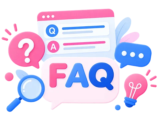 ภาพคำถาม-ตอบ (FAQ) สไตล์ 3D ประกอบด้วยไอคอน Q&A แว่นขยายค้นหา และไอคอนความคิด สำหรับใช้ในหน้าบริการรับทำ SEO เพื่อติดอันดับ Google